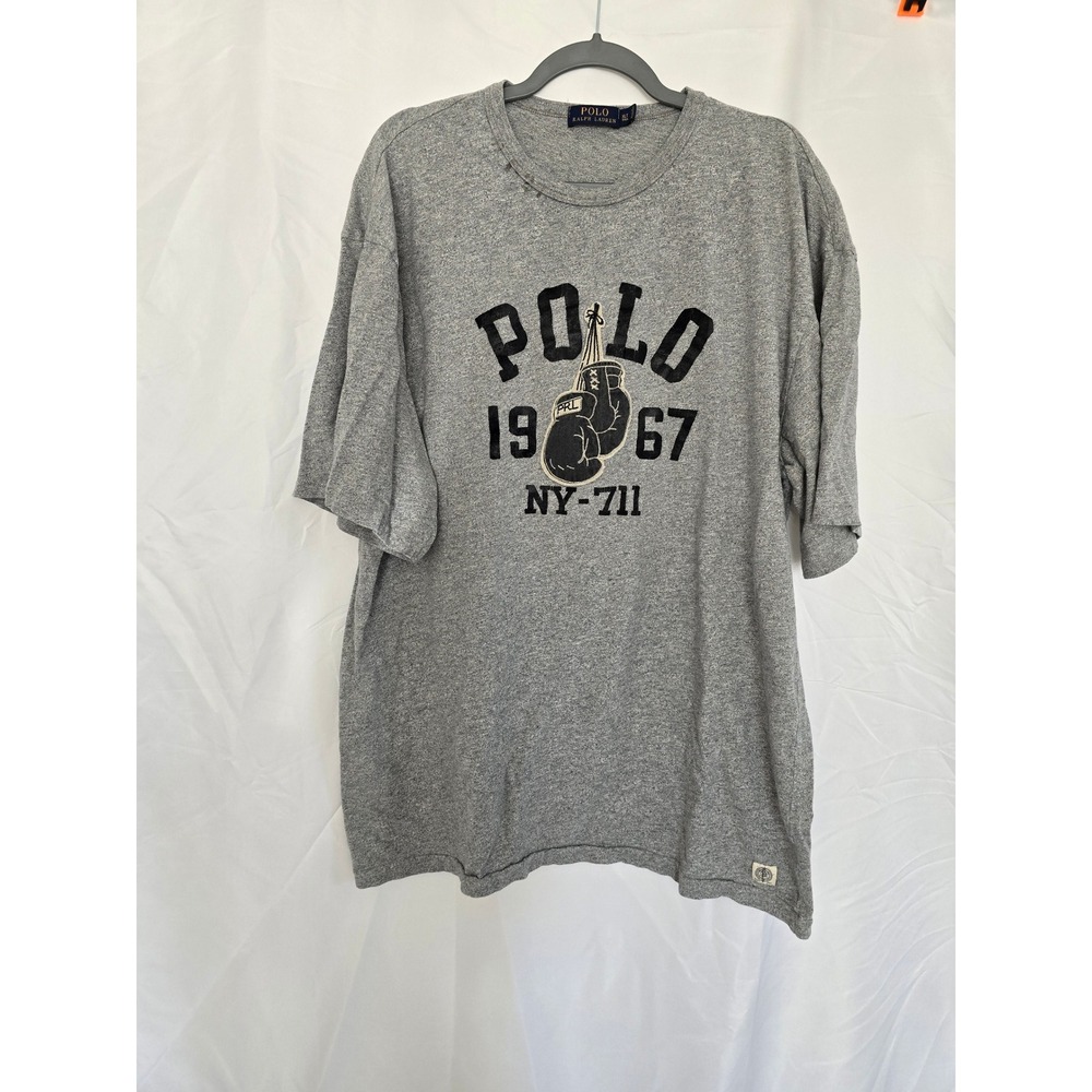 Vintage Polo Ralph Lauren Mens XL TALL Grey Boxing Glove NY 711 Graphic T Shirt‎
